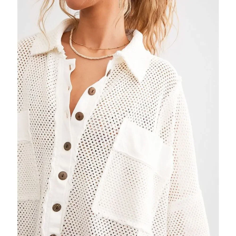 Free People Cream Crochet Button-Up Shirt